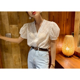 Áo kiểu tay ngắn cổ chữ v phối ren thời trang thanh lịch cho nữ