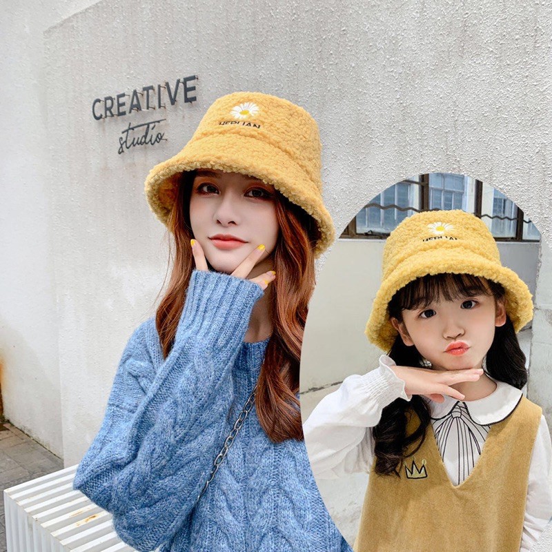Phụ kiện, mũ - nón Bucket Retro lông cừu, giữ ấm phong cách Hàn Quốc Ulzzang