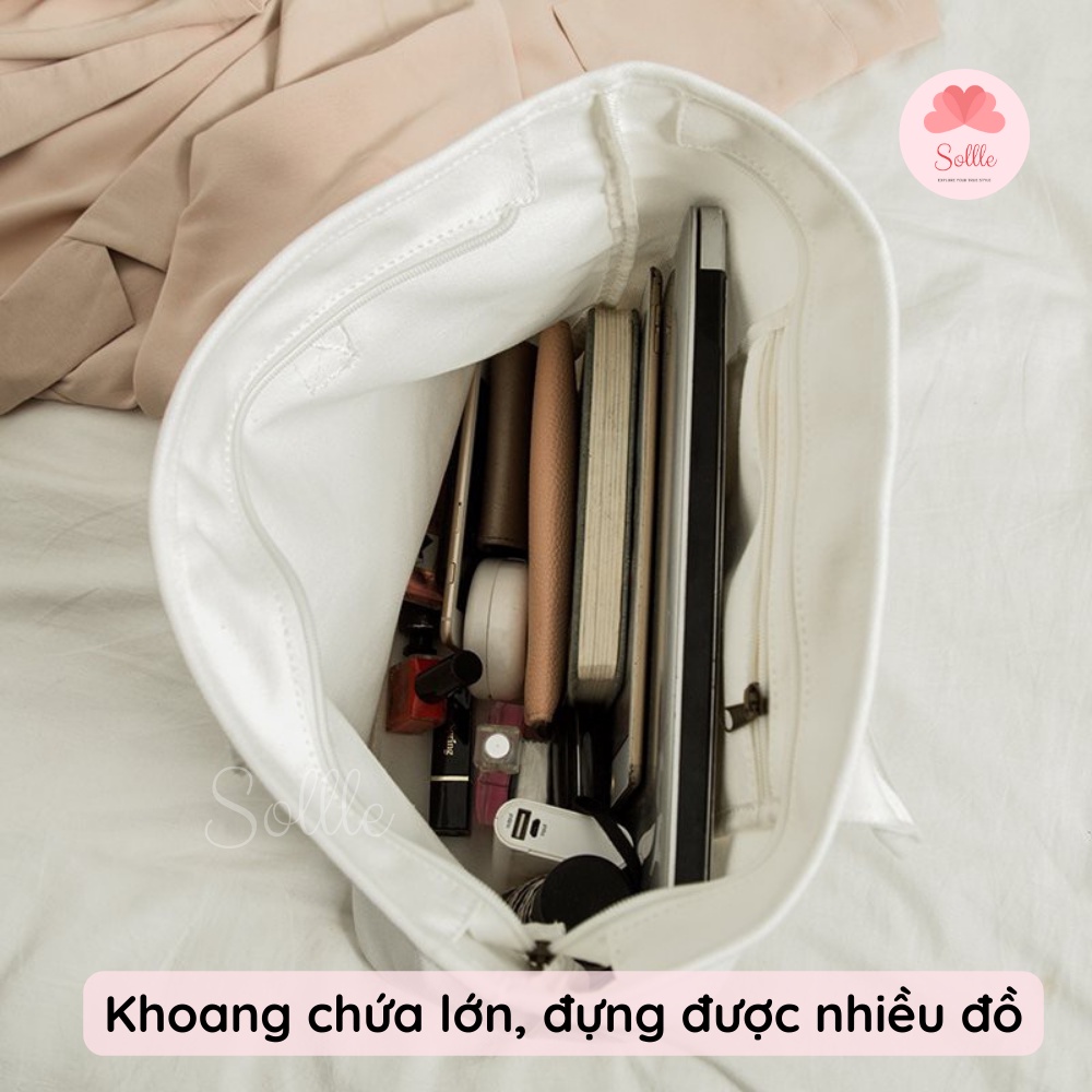 Túi tote đeo vai vải canvas ulzzang có khóa kéo, ngăn phụ in chữ BM Hàn Quốc Sollle