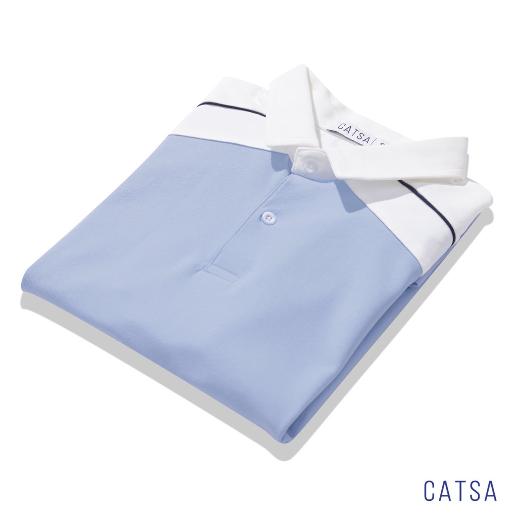 Áo Polo nam xanh biển phối trắng thun Cotton cao cấp, chuẩn form thoải mái CATSA ATP225