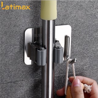 Móc treo cán chổi lau nhà dán tường kèm móc treo đồ Latimax chất liệu Inox 304 cao cấp