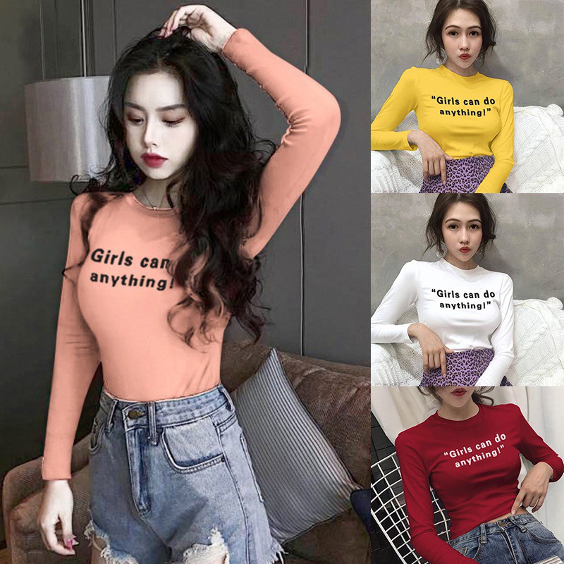 Áo thun tay dài cổ tròn thiết kế dáng ôm cho nữ