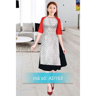 ⚡️ có big size XL ⚡️ AD163 Áo Dài Cách Tân kèm váy phối tay đỏ in họa tiết trái cherry nhỏ có size lớn .