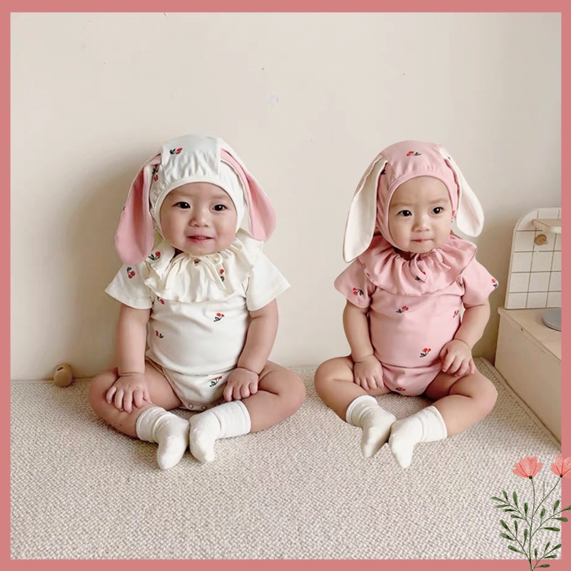 Bộ Áo Liền Quần Tay Ngắn Kèm Mũ Tai Thỏ Dễ Thương Thời Trang Cho Bé 0-2 Tuổi