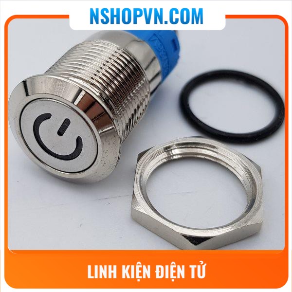 Nút nguồn kim loại 12mm có đèn Mặt nút nhấn dạng phẳng, chống nước nhẹ, nút giữ nguyên trạng thái khi thả tay ra