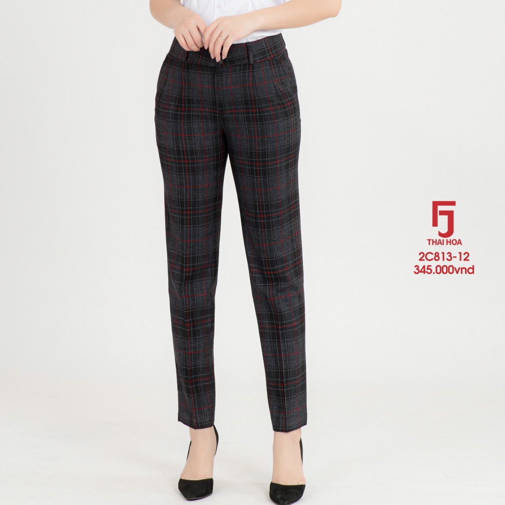 Quần tây nữ, quần âu nữ công sở Thái Hoà 9 tấc, màu đen kẻ ô đỏ, chất liệu mềm ,trơn 2C813-12-01