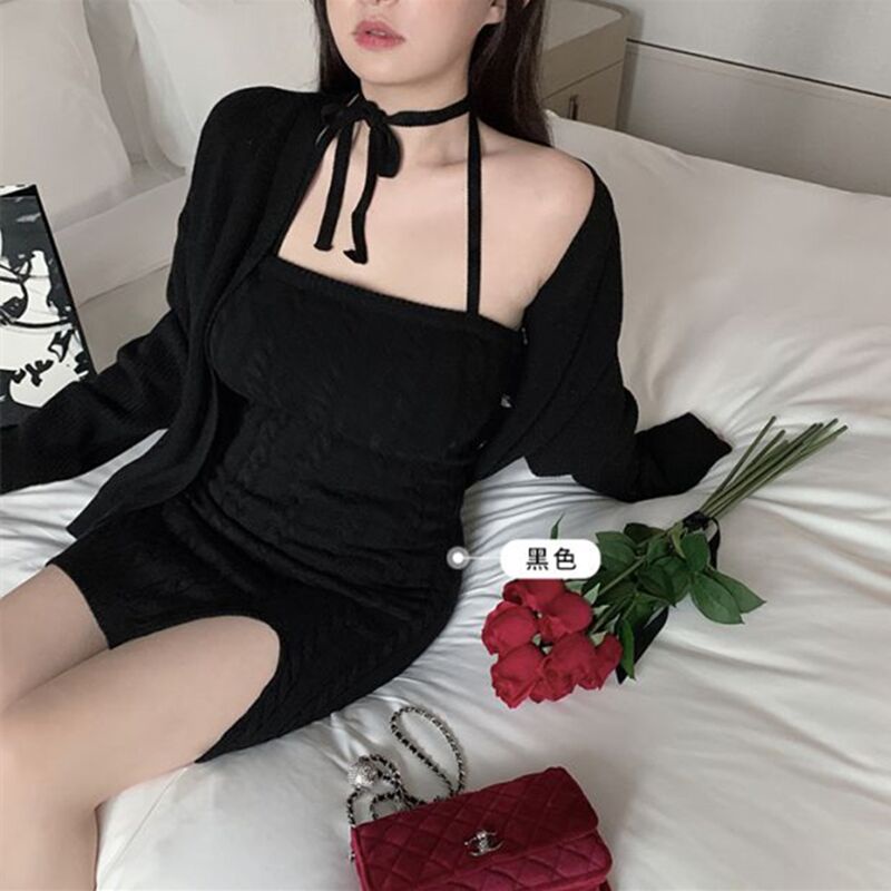 áo khoác cardigan và đầm hai dây thời trang thu đông 2021 cho nữ