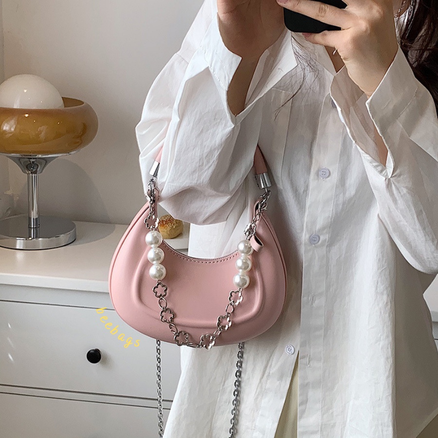 Túi Xách Hình Bán Nguyệt Màu Hồng, Vàng, Trắng, Đen Dễ Phối Đồ | TX32 | Túi Nữ Thời Trang Phối Dây Ngọc Tiểu Thư Cầm Tay