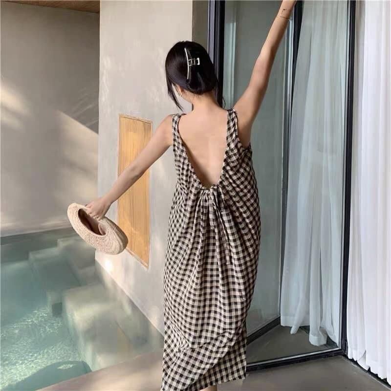 Váy Bầu Đầm Caro Sát Nách Dáng Suông Hở Lưng Thích Hợp Đi Biển Dã Ngoại TIDUS