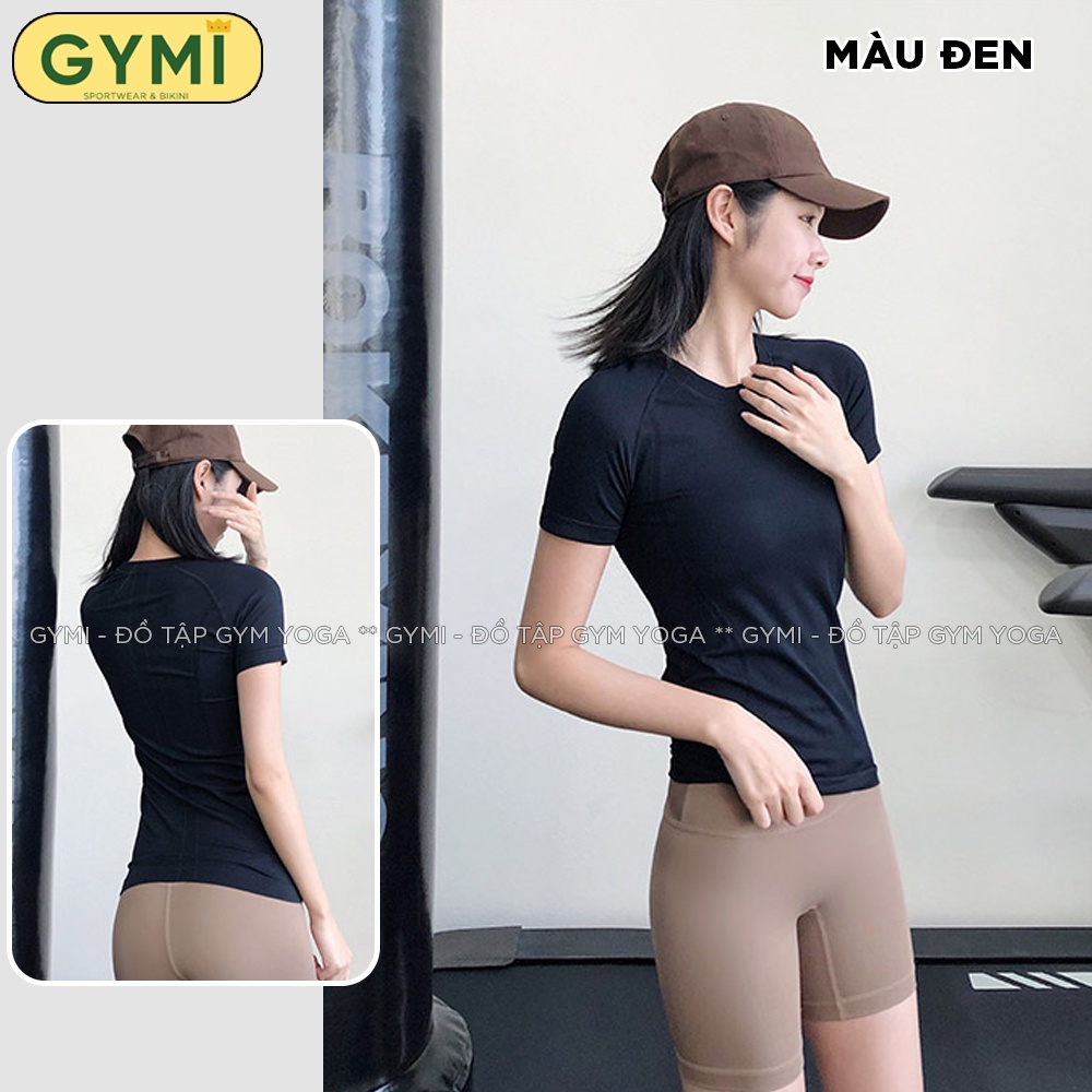 Áo tập gym yoga nữ GYMI AC28 dáng ngắn tay cạp dài phủ bụng chất dệt kim thể thao co giãn thấm hút
