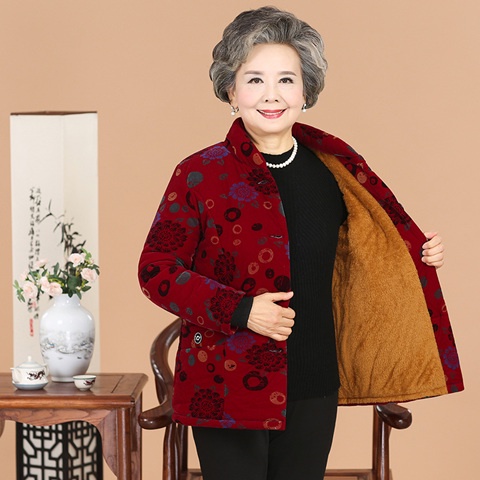 □♈Bà mẹ phụ nữ trung niên và cao tuổi mặc áo khoác đệm bông vải nhung ngoại mùa đông dày 70 cho người già
