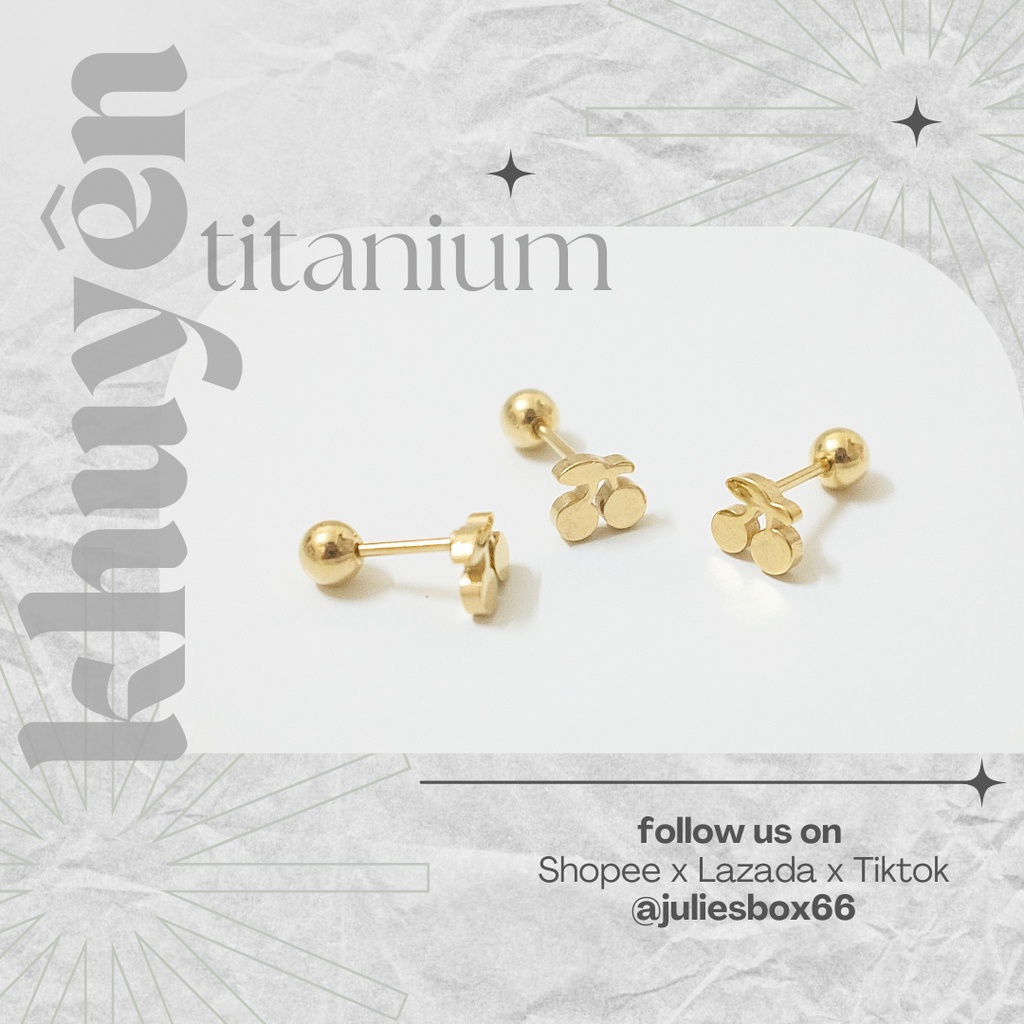 [1 Chiếc] Khuyên Tai Titan Unisex Cherry Màu Vàng Đuôi Bi Không Gỉ Sét Không Ngứa Bông Tai Julies Box 66