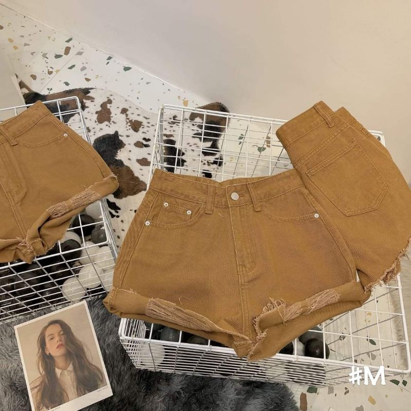 Quần sooc jean nâu rách gấu L1