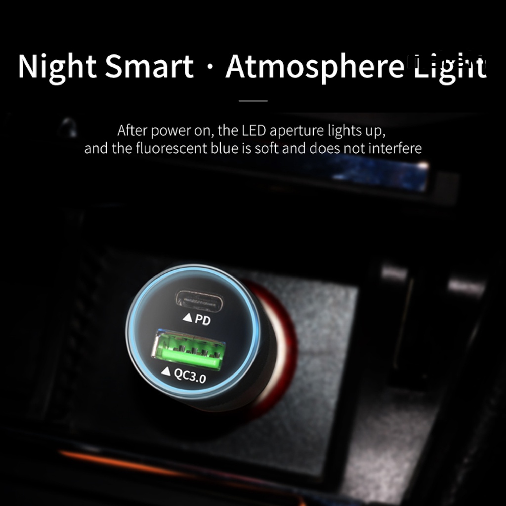 Tẩu Sạc Nhanh QC 3.0/PD Hai Cổng Type-C Có Đèn LED Xanh Dương Cho Điện Thoại Di Động