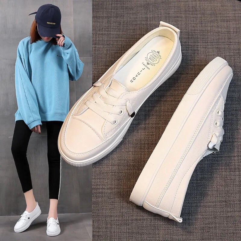 Giày slip on nữ, Giày đế bằng, da mềm, dây rút, dễ phối đồ