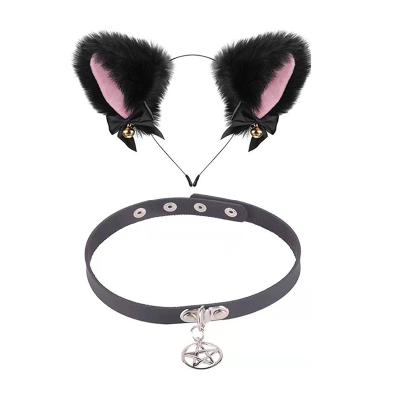 Bộ Vòng Cổ Choker Bằng Da Hình Tai Mèo Có Chuông Dễ Thương Cho Dịp Halloween