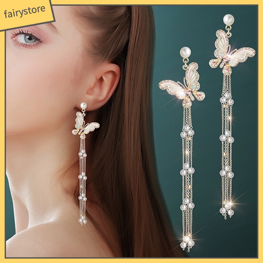 Bông Tai Dáng Dài Hình Bướm Đính Đá Lấp Lánh