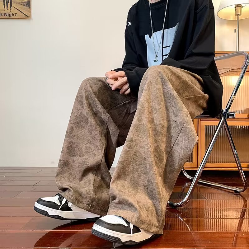 Quần Dài Dây Rút Ống Suông Rộng In Họa Tiết Phong Cách Hong Kong Cổ Điển Thời Trang Xuân Thu Cho Nam Size M-3XL