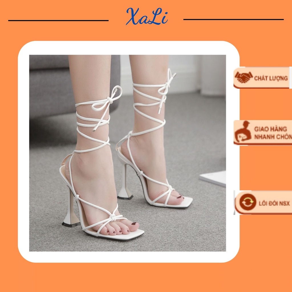 Guốc Đan Dây XALI Quấn Quanh Cổ Chân Giày Sandal Cao Gót Chiến Binh Cột Dây Gót To Cao 9cm