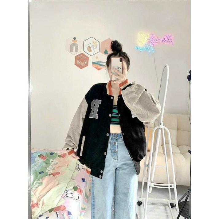 ÁO KHOÁC BOMBER NỮ THÊU CHỮ R CHẤT KAKI NHUNG CAO CẤP ĐẸP TINH TẾ THỜI TRANG