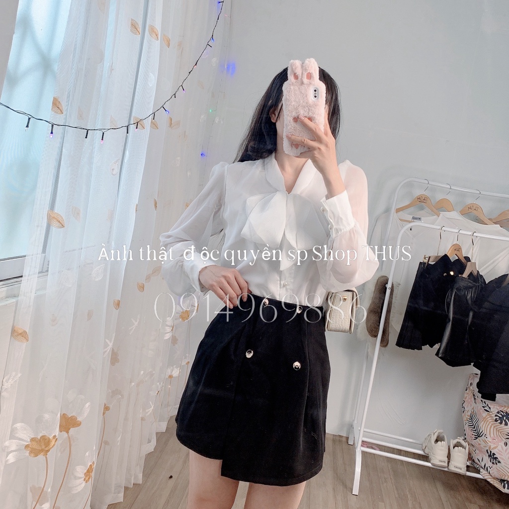 [Mã FAMARAL1 giảm 10K đơn 50K] Áo Sơ Mi Cổ Nơ Tơ Lụa Mềm THUS, Aó Kiểu Dài Tay Form rộng Tiểu Thư A2F4