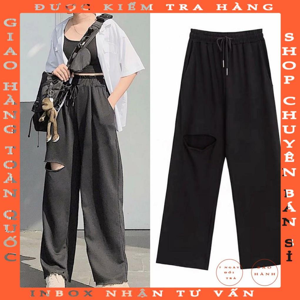 Quần ống rộng rách gối tai lưa VIETSTAR quần Jogger dáng suông cạp chun chất da cá siêu chân dài huynhle