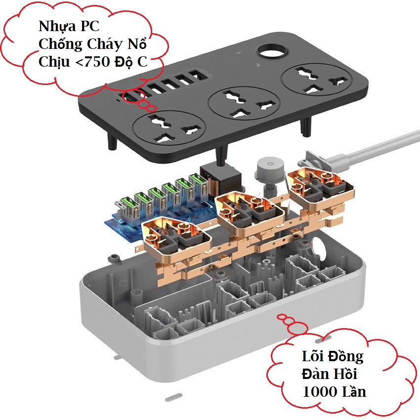 Ô cắm điện T08 có 6 Cổng USB Hỗ Trợ Sạc Nhanh 3.4A Tích Hợp IC Chống Cháy, Nổ, Quá Tải, An Toàn