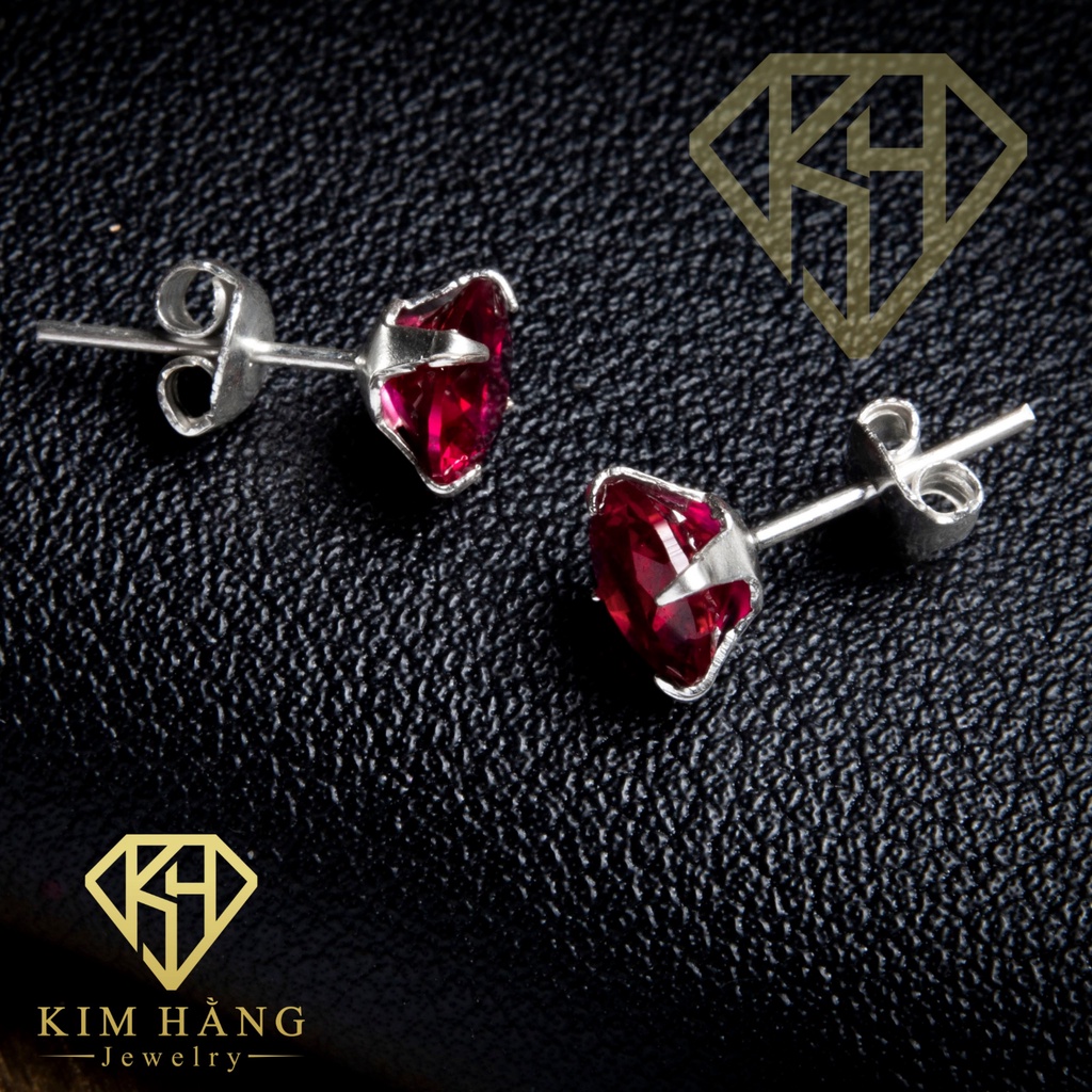 Khuyên Tai Bạc Nụ Tròn Đá Đỏ KHJER077- Chốt Đẩy