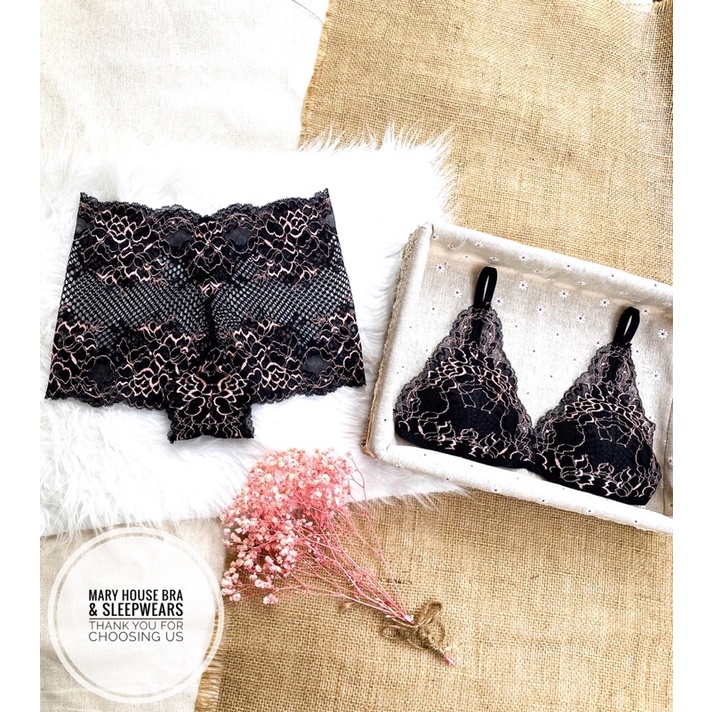 BỘ BRALETTE REN MÚT NGỰC QUẦN ĐEN HOA VĂN VÀNG MARY HOUSE BRA & SLEEPWEARS