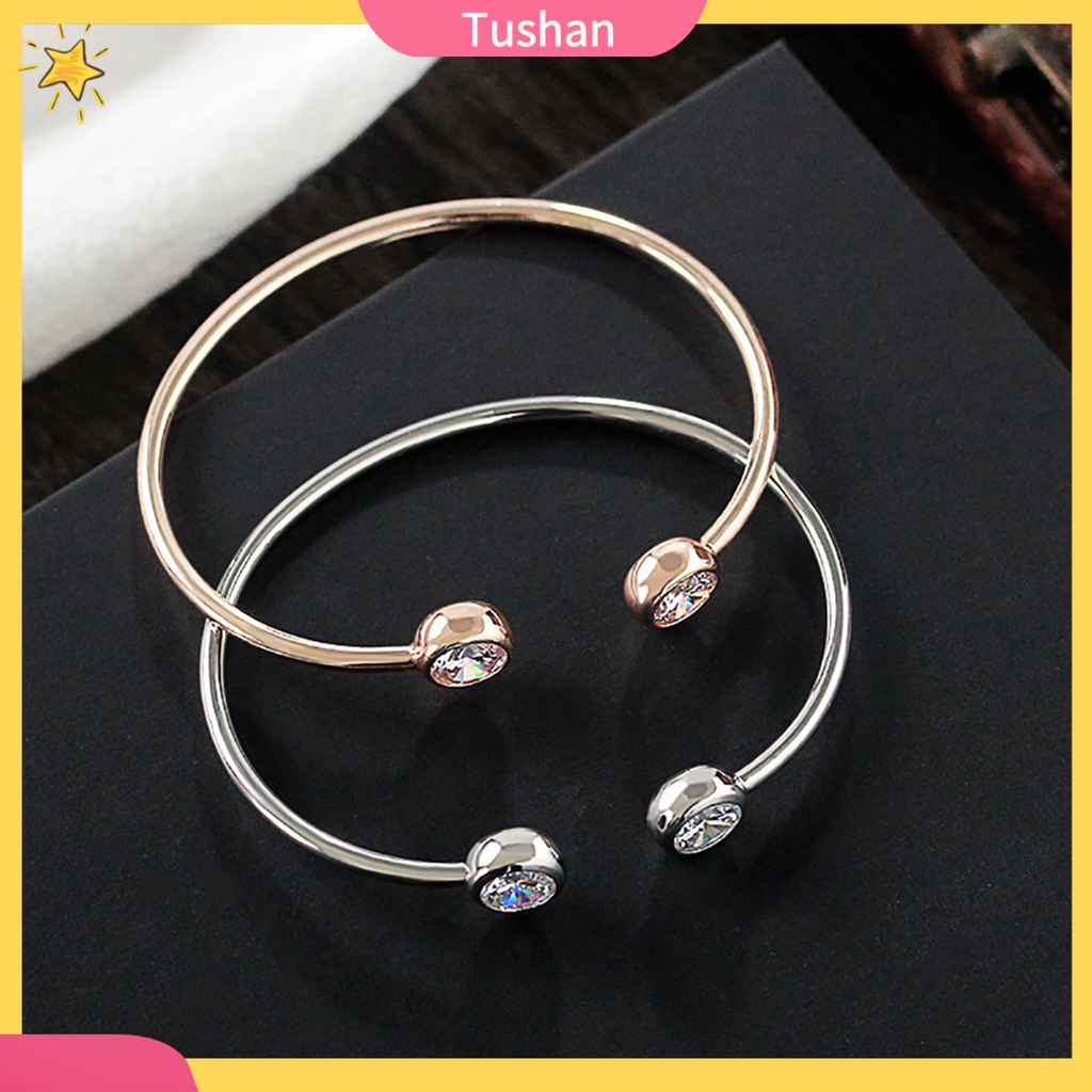 TUSH_Fashion Women Cubic Zirconia Inlaid Cuff Bangle Open Bracelet Birthday Gift