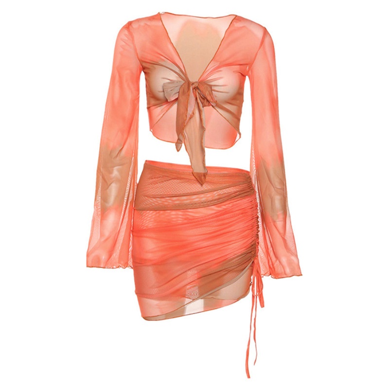 Bộ Đồ Bơi 2 Mảnh Áo Croptop Tay Dài Phối Chân Váy Lưới Thời Trang Quyến Rũ Cho Nữ