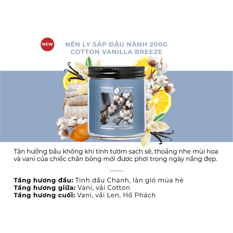 Nến Ly Sáp Đậu Nành Goose Creek 7oz - 200g - Cotton Vanilla Breeze