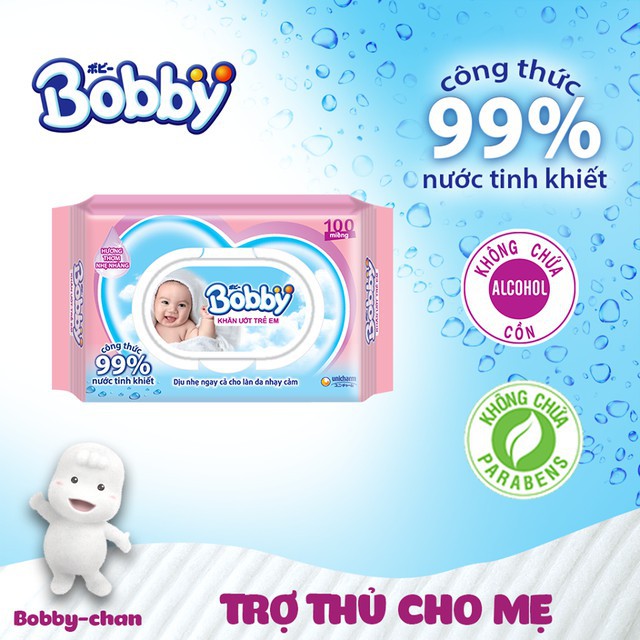 [HÀ NỘI] Khăn Ướt Bobby Mùi Hương nhẹ 100 tờ NANO Bạc Kháng Khuẩn (Màu Hồng)