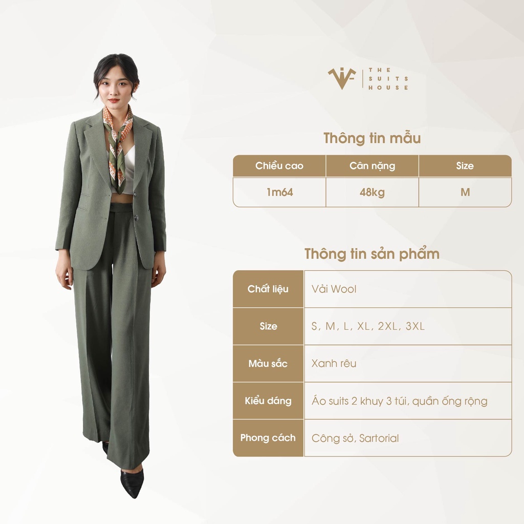 Bộ vest nữ xanh rêu ống rộng, suits sartorial chất Linen The Suits House