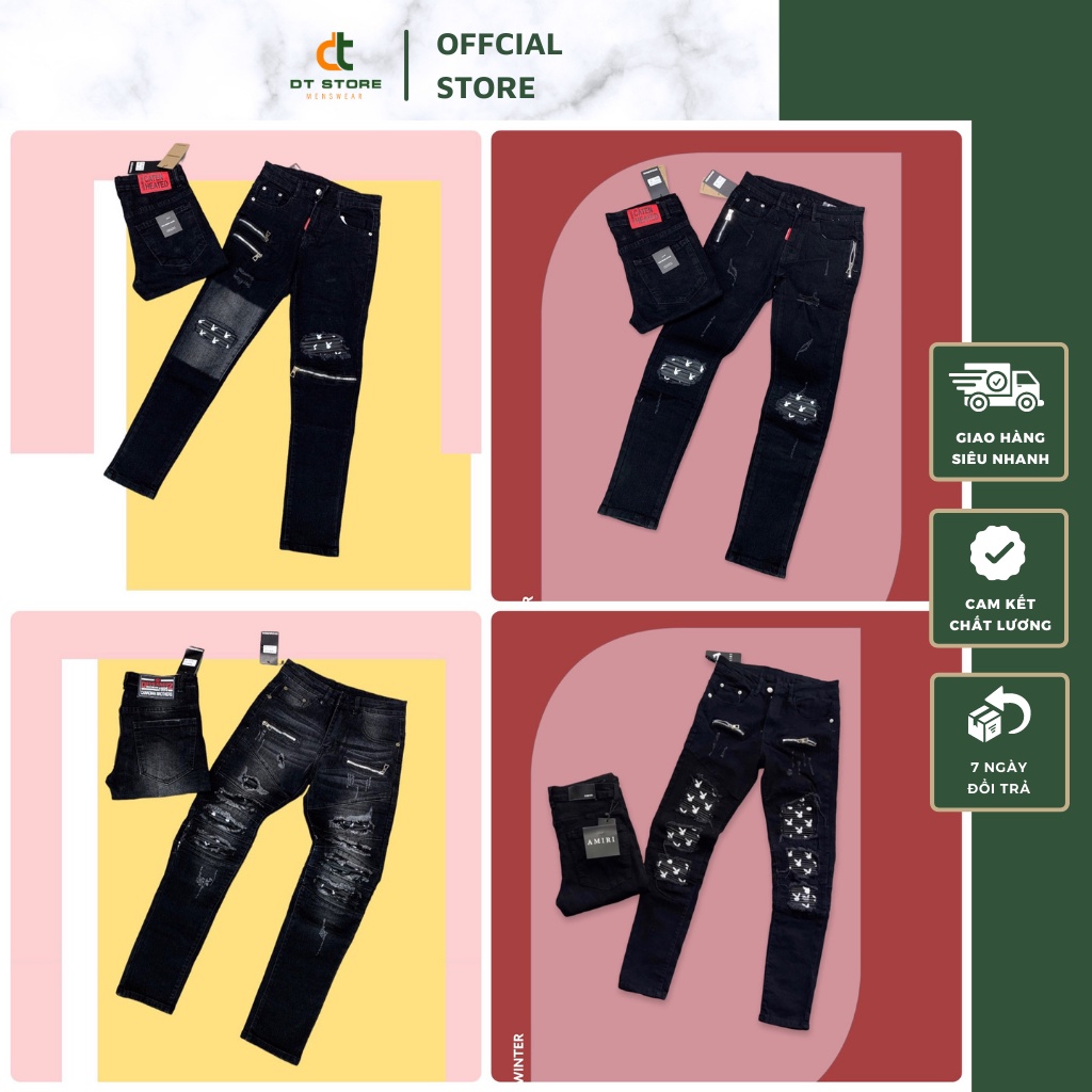 Quần Jean Nam Khóa Gối Vá Da Thỏ . Quần Bò Nam Vá Da Rách Gối Ống Côn Chất Vải 100% Cotton Thô Co Gian DT STORE MENWEAR