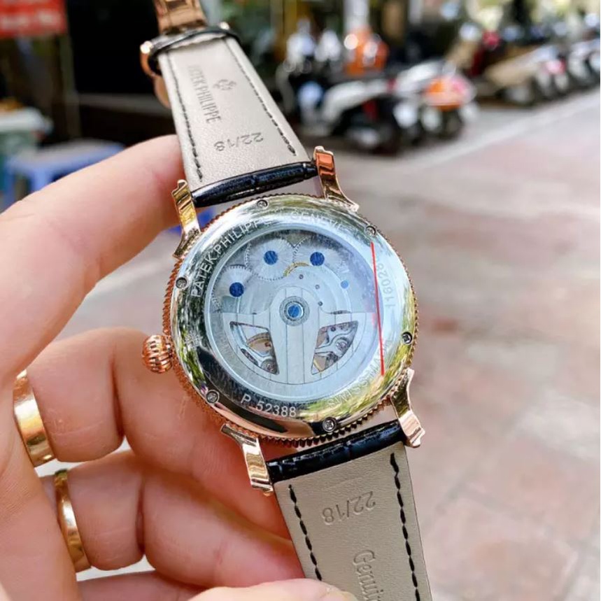 Đồng hồ Nam P.898 2 tim máy nhật, mặt đen viền vàng, dòng cơ Automatic size 42mm