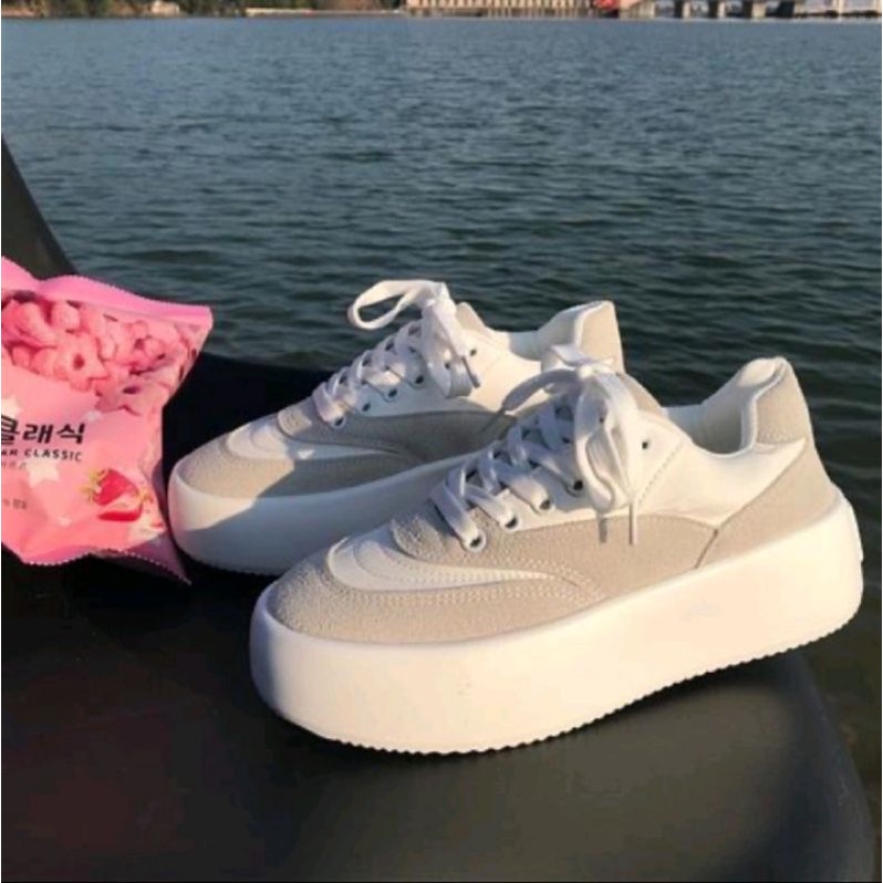 Giày thể thao nữ trắng xám đế bánh mì êm chân theo phong cách Ulzzang-Giày xinh