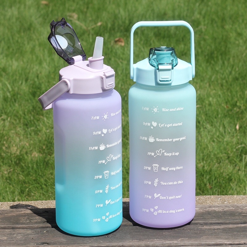 Bình đựng nước 2L dễ thương có chia vạch báo giờ uống nước - Bình nước nhắc nhở uống nước thể thao, detox 2L loại trơn.