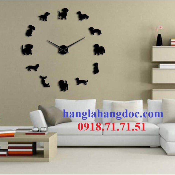 Đồng hồ dán tường DIY clock 3D hình chó cưng, mẫu số 17