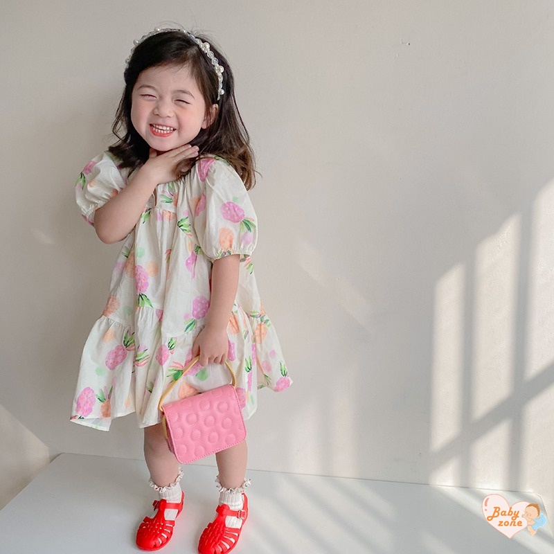 Đầm Công Chúa Tay Phồng In Họa Tiết Trái Cây Phong Cách Hàn Quốc Cho Bé Gái