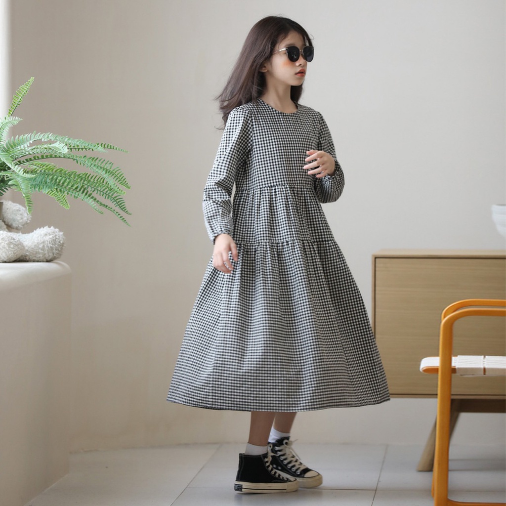 Váy xòe xám dài tay thu đông bé gái lớn. Size đại đầm trẻ em 6, 7, 8, 10, 11, 12, 13, 14, 15 tuổi