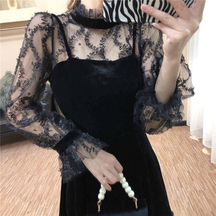 Đầm nhung chữ A phối tay voan sang chảnh váy nhung Hàn Quốc Đ319