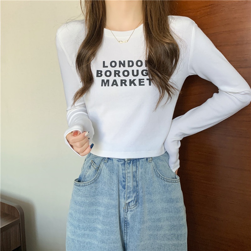 SUXI Áo Thun Tay Dài Cổ Tròn Màu Sắc Trơn In Chữ Phong Cách Hàn Quốc Dành Cho Nữ