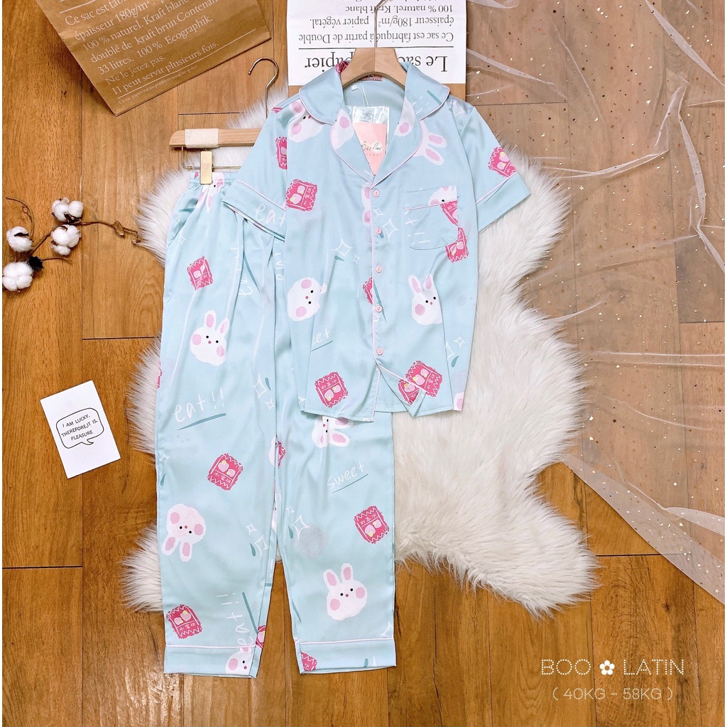Đồ bộ nữ mặc nhà lụa latin cao cấp cổ pijama tay ngắn - Thỏ trắng