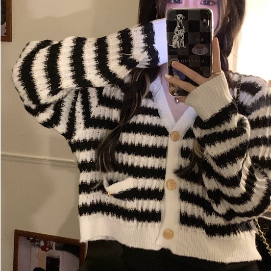 Áo cardigan ZHELIHANGFEI dệt kim tay dài lưng cao kẻ sọc thời trang sang trọng