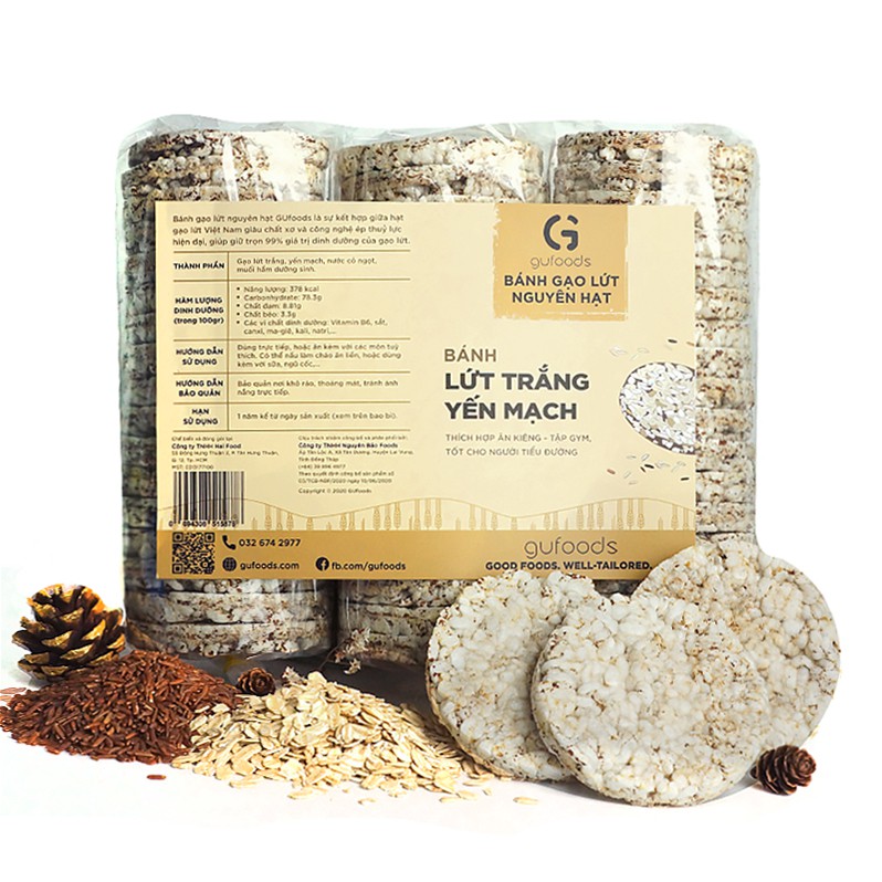 Bánh gạo lứt ăn kiêng, tập GYM GUfoods (500g = 54 bánh) - Các vị Yến mạch,Tím than, Huyết rồng, Hạt chia