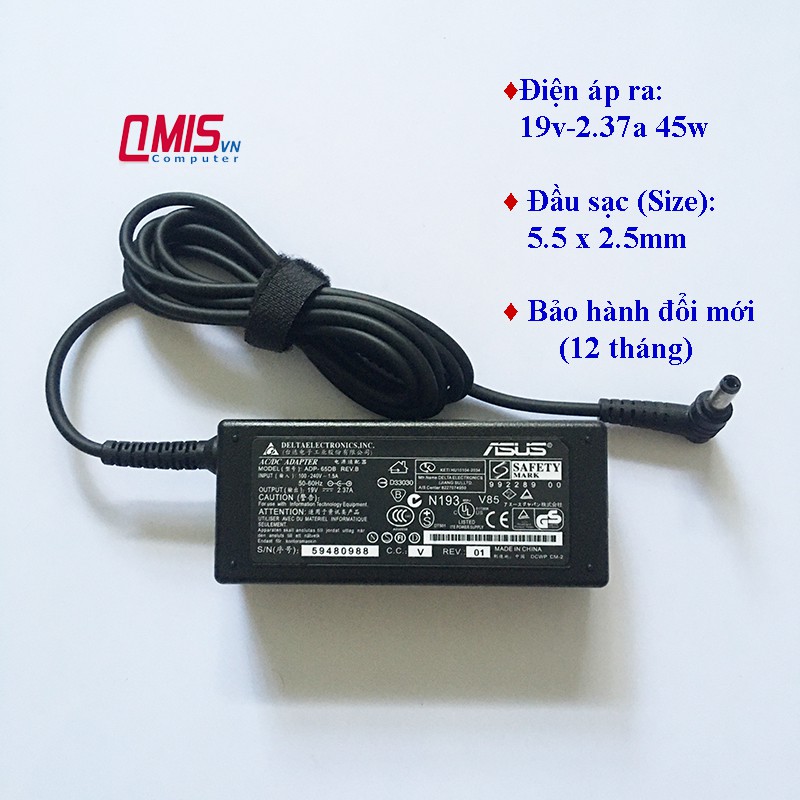 19V Sạc laptop Asus 19v-2.37a 19v-3.42a 19v-4.74a 19v-1.75a công suất 33w 45w 65w 90w 120w 180w 4.0x1.35mm 5.5x2.5mm