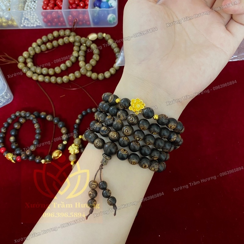 Chuỗi Trầm Hương Sánh Chìm 108 hạt mix charm Hoa Sen vàng - 6mm &amp; 8mm - Vòng tay Nam Nữ - Vòng gỗ tự nhiên