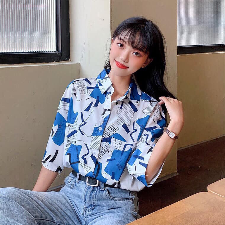 Áo SƠ MI NỮ form rộng in 3D cổ bẻ tay ngắn - lỡ dáng ulzzang freesize unisex mặc cặp, nhóm, HỌA TIẾT XANH PHỐI TRẮNG | BigBuy360 - bigbuy360.vn