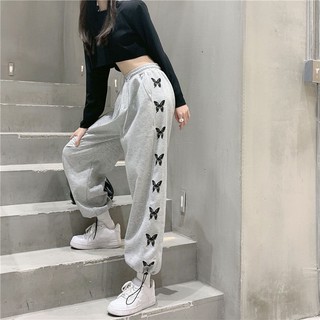 Quần nỉ nữ ống rộng bo gấu, quần jogger nỉ in họa tiết bướm cá tính ulzzang - Có ảnh thật